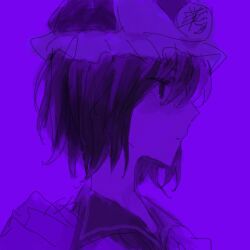 Rule 34 | 1other, androgynous, closed mouth, collared shirt, expressionless, frilled hat, frills, fuluola xiaoyao, hat, highres, len&#039;en, monochrome, other focus, profile, purple background, purple theme, shirt, shitodo kuroji, short hair, simple background, sketch, solo