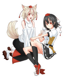 Rule 34 | 2girls, animal ears, bare shoulders, black hair, breasts, detached sleeves, geta, hat, inubashiri momiji, looking at viewer, lunatic rabbit, multiple girls, open mouth, pointy ears, red eyes, shameimaru aya, short hair, silver hair, simple background, tail, tokin hat, touhou, v, white background, wolf ears, wolf tail