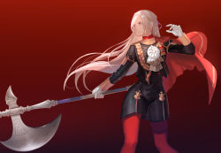 Rule 34 | 1girl, aizumi240326, axe, cape, edelgard von hresvelg, fire emblem, fire emblem: three houses, garreg mach monastery uniform, gloves, gradient background, hair ribbon, holding, holding axe, long hair, long sleeves, looking to the side, nintendo, parted lips, purple eyes, red background, red cape, red legwear, ribbon, simple background, solo, uniform, white gloves, white hair