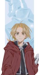 Rule 34 | 2boys, absurdres, ahoge, alphonse elric, armor, blonde hair, braid, brothers, budo (budoboros), closed mouth, coat, collar, commentary request, edward elric, eyes visible through hair, facing viewer, from side, full armor, fullmetal alchemist, gloves, highres, long hair, looking at viewer, looking to the side, male focus, multiple boys, parted bangs, red coat, siblings, simple background, white gloves, yellow eyes