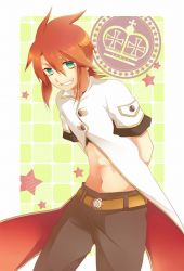 Rule 34 | 00s, 0apple00, 1boy, arms behind back, bad id, bad pixiv id, belt, checkered background, coat, green eyes, grin, luke fon fabre, male focus, red hair, smile, solo, star (symbol), tales of (series), tales of the abyss, yellow background