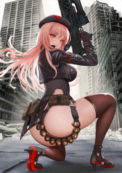 Rule 34 | 1girl, absurdres, ammunition belt, ass, assault rifle, belt, belt pouch, beret, breasts, brown thighhighs, city, closed mouth, cropped jacket, gibun (sozoshu), gloves, goddess of victory: nikke, gun, hat, high heels, highres, holding, holding gun, holding weapon, jacket, large breasts, looking at viewer, military, military uniform, outdoors, pink hair, pouch, rapi (nikke), red eyes, resolution mismatch, rifle, rubble, ruins, solo, source smaller, squatting, thighhighs, thighs, uniform, weapon