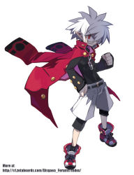 Rule 34 | 1boy, albino, angry, chain, clenched hand, disgaea, glasses, hand on own hip, harada takehito, hip focus, jacket, makai senki disgaea 3, male focus, mao (disgaea), official art, pointy ears, red eyes, round eyewear, simple background, solo, watermark, web address