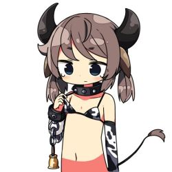 Rule 34 | 1girl, animal ears, bare shoulders, bell, breast conscious, brown hair, character request, choker, cow ears, cow girl, cow horns, cow tail, cowbell, flat chest, green eyes, horns, kanikama, lowres, original, simple background, solo, tail, tears, upper body, white background