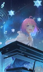 Rule 34 | 1girl, absurdres, ahoge, blue dress, cloak, crescent, crown, dress, earrings, green eyes, hair ornament, heterochromia, highres, himemori luna, himemori luna (sundress), hololive, instrument, jewelry, official alternate costume, open mouth, piano, pink eyes, pink hair, shima46, sky, smile, solo, star (sky), star (symbol), starry background, starry sky, virtual youtuber