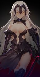 Rule 34 | 1girl, absurdres, armor, armored dress, black dress, breasts, dress, fate/grand order, fate (series), faulds, fur trim, headpiece, highres, holding, holding sword, holding weapon, horz, jeanne d&#039;arc (fate), jeanne d&#039;arc alter (avenger) (fate), jeanne d&#039;arc alter (avenger) (third ascension) (fate), jeanne d&#039;arc alter (fate), large breasts, long hair, looking at viewer, parted lips, silver hair, solo, sword, thighhighs, thighs, tsurime, vambraces, weapon, white thighhighs, yellow eyes