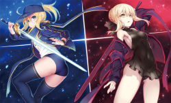 Rule 34 | 2girls, :o, ahoge, arm at side, arm up, armpits, artoria pendragon (all), artoria pendragon (fate), ass, baseball cap, black dress, black panties, black ribbon, blonde hair, blue background, blue eyes, blue hat, blue jacket, blue scarf, blue shorts, blue thighhighs, braid, breasts, buruma, closed mouth, covered navel, dark persona, dress, excalibur (fate/stay night), excalibur morgan (fate), eyebrows, fate/grand order, fate/stay night, fate (series), flat chest, french braid, frills, glowing, glowing sword, glowing weapon, gym uniform, hair between eyes, hair ribbon, hat, holding, holding sword, holding weapon, impossible clothes, jacket, kodama yuu, light particles, long hair, long sleeves, looking at viewer, multiple girls, mysterious heroine x (fate), off shoulder, panties, pantyshot, ponytail, red background, ribbon, rojiura satsuki : chapter heroine sanctuary, saber (fate), saber alter, scarf, shorts, sideboob, sidelocks, sitting, sleeveless, sleeveless dress, smile, spread legs, standing, sword, thighhighs, track jacket, underwear, weapon, wristband, yellow eyes