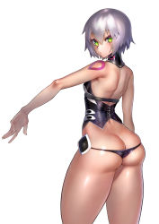 Rule 34 | 1girl, absurdres, ass, bare shoulders, black panties, blush, facial scar, fate/apocrypha, fate/grand order, fate (series), from behind, green eyes, highres, jack the ripper (fate/apocrypha), looking at viewer, looking back, lowleg, lowleg panties, outstretched arm, panties, scar, scar across eye, scar on cheek, scar on face, shiny skin, short hair, shoulder blades, shoulder tattoo, simple background, skindentation, solo, standing, tattoo, thighs, tjukata368, underwear, white background, white hair