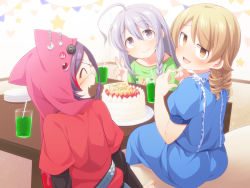 Rule 34 | 3girls, :d, ahoge, animal ears, animal hood, bad id, bad pixiv id, blue dress, blush, braid, breasts, brown eyes, cake, closed eyes, crescent, cup, dress, drink, drinking glass, drinking straw, fang, fingers together, food, green shirt, grey eyes, hair between eyes, happy birthday, hayasaka mirei, head tilt, heart, hood, hood up, hoshi syoko, idolmaster, idolmaster cinderella girls, index fingers together, layered sleeves, light brown hair, long sleeves, morikubo nono, multicolored hair, multiple girls, open mouth, parted lips, pennant, plate, profile, puffy short sleeves, puffy sleeves, purple hair, red hair, red shirt, ringlets, shirt, short over long sleeves, short sleeves, side braid, silver hair, single braid, small breasts, smile, star (symbol), streaked hair, string of flags, uccow, v