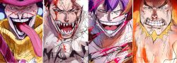 Rule 34 | 4boys, beard, blood, blood on face, brothers, candy, charlotte cracker, charlotte katakuri, charlotte oven, charlotte perospero, facial hair, food, forked eyebrows, frown, grin, hat, highres, lipstick, long tongue, looking at viewer, makeup, male focus, multiple boys, nosebleed, one piece, open mouth, portrait, serious, sharp teeth, short hair, siblings, sketch, smile, sweat, teeth, tongue, tongue out, top hat, uk (yra4bip9qvmuz44)