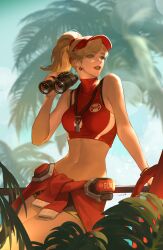 Rule 34 | 1girl, absurdres, arm support, binoculars, blonde hair, breasts, commentary, crop top, earrings, highres, jewelry, lifeguard, lifeguard mercy, lipstick, luna-9, makeup, medium breasts, mercy (overwatch), midriff, nail polish, navel, official alternate costume, outdoors, overwatch, overwatch 2, ponytail, red headwear, solo, symbol-only commentary, tree, twitter username, upper body, whistle, whistle around neck