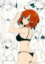 Rule 34 | 1girl, absurdres, akahito, alternate costume, ass, black bra, black panties, bra, breasts, butt crack, cleavage, closed mouth, fate/grand order, fate (series), from behind, fujimaru ritsuka (female), highres, lingerie, looking at viewer, looking back, medium breasts, multiple views, orange hair, page number, panties, scan, simple background, tongue, tongue out, underwear, white background, yellow eyes, zoom layer