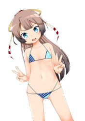 Rule 34 | 1girl, bikini, brown hair, buttons, covered erect nipples, double-breasted, double v, flat chest, grey eyes, hair ribbon, highres, kantai collection, kazagumo (kancolle), long hair, looking at viewer, micro bikini, multi-strapped bikini, nassukun, navel, open mouth, ponytail, ribbon, round teeth, smile, solo, standing, striped bikini, striped clothes, swimsuit, teeth, upper teeth only, v, white background