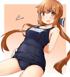 Rule 34 | 1girl, alternate costume, arms behind back, black bow, blue one-piece swimsuit, bow, breasts, brown eyes, brown hair, gradient background, hair between eyes, hair bow, hair ornament, hairclip, hand on own hip, highres, kantai collection, long hair, looking at viewer, low twintails, medium breasts, name tag, one-piece swimsuit, open mouth, orange background, school swimsuit, shirt, smile, solo, star (symbol), swimsuit, swimsuit under clothes, tashkent (kancolle), twintails, twitter username, two-tone background, ver norma2, white shirt