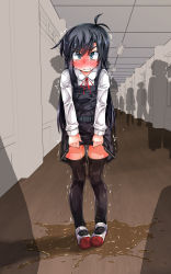 Rule 34 | 1girl, angry, asashio (kancolle), belt, black dress, black hair, black thighhighs, blue eyes, blush, buttons, clenched teeth, collared shirt, dress, dress tug, embarrassed, female focus, flat chest, full-face blush, full body, hallway, highres, indoors, kantai collection, long hair, long sleeves, looking at viewer, narumiya (narumiya), neck ribbon, pee, peeing, peeing self, pigeon-toed, pinafore dress, puddle, red footwear, red ribbon, ribbon, school uniform, shirt, shoes, sidelocks, silhouette, sleeveless, sleeveless dress, solo focus, sparkle, standing, straight-on, tears, teeth, textless version, thighhighs, trembling, v-shaped eyebrows, wet, wet clothes, white shirt, zettai ryouiki
