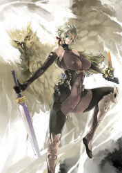Rule 34 | 1girl, abs, armor, bh001, bird, blonde hair, bodysuit, breasts, cameltoe, elbow gloves, covered erect nipples, gloves, green eyes, huge breasts, katana, muscular, navel, ninja, skin tight, sky, solo, sword, thick thighs, thighs, tight clothes, weapon, wretch