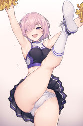 Rule 34 | 1girl, alternate costume, armpits, bare shoulders, blush, breasts, cheerleader, fate/grand order, fate (series), hair over one eye, highres, jp06, large breasts, light purple hair, looking at viewer, mash kyrielight, navel, open mouth, pom pom (cheerleading), purple eyes, short hair, smile