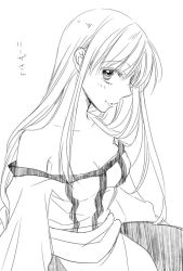 Rule 34 | 1girl, arc the lad, arc the lad ii, bare shoulders, blush, breasts, cleavage, commentary request, dress, greyscale, izumi kouyou, lieza (arc the lad), long hair, looking at viewer, monochrome, smile, solo, very long hair, white background
