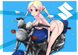 Rule 34 | 10s, 1girl, :o, ass, bakuon!!, bell, blonde hair, blue background, breasts, burn scar, butt crack, censored, convenient censoring, curvy, huge ass, huge breasts, jiseki, legs, long hair, looking at viewer, motor vehicle, motorcycle, nude, red eyes, scar, solo, suzuki (company), suzunoki rin, thighs, twintails, vehicle, very long hair