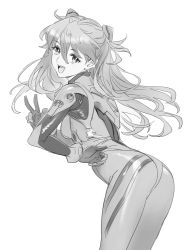 Rule 34 | 1girl, bodysuit, breasts, cowboy shot, floating hair, from side, greyscale, hair between eyes, hairpods, hand on own hip, interface headset, long hair, looking at viewer, looking to the side, monochrome, neon genesis evangelion, nishieda, open mouth, parted lips, pilot suit, plugsuit, shiny clothes, skin tight, solo, souryuu asuka langley, standing, uneven eyes, v, very long hair, wide hips