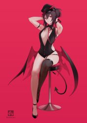 Rule 34 | 1girl, arm strap, bar stool, brown hair, center opening, commentary request, demon girl, demon tail, demon wings, hands on own head, hat, high heels, highres, leash, looking at viewer, original, parted lips, peaked cap, red background, red eyes, seelean, single thighhigh, sitting, skindentation, solo, stool, demon girl, tail, thighhighs, wings, wrist straps