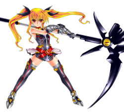 Rule 34 | 1girl, bardiche (nanoha), bardiche (scythe form) (nanoha), bare shoulders, belt, black bow, black dress, black thighhighs, blonde hair, bow, breasts, buckle, commentary request, dress, fate testarossa, fate testarossa (blaze form), floating hair, full body, gao (naodayo), gauntlets, hair between eyes, hair bow, highres, holding, holding polearm, holding scythe, holding weapon, long hair, looking at viewer, loose belt, lyrical nanoha, magical girl, mahou shoujo lyrical nanoha, mahou shoujo lyrical nanoha a&#039;s, mahou shoujo lyrical nanoha the movie 2nd a&#039;s, polearm, red belt, red eyes, scythe, short dress, showgirl skirt, sidelocks, simple background, sleeveless, sleeveless dress, small breasts, solo, standing, thighhighs, twintails, v-shaped eyebrows, very long hair, weapon, white background