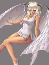 Rule 34 | 1girl, ahoge, bad id, bad pixiv id, bare arms, bare legs, blue eyes, breasts, china dress, chinese clothes, claws, cleavage, cleavage cutout, clothing cutout, dark skin, dark-skinned female, dragon girl, dragon tail, dragon wings, dress, fingernails, grey background, horns, looking at viewer, mochi.f, monster girl, no panties, original, pointy ears, shoes, short hair, skirt, sleeveless, slit pupils, smile, solo, tail, tattoo, white hair, white skirt, wings
