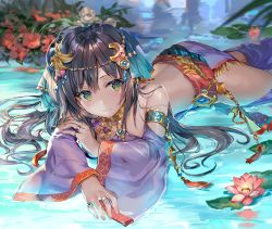 Rule 34 | 1girl, ahoge, arabian clothes, armlet, ass, bare shoulders, black hair, blue gemstone, blurry, blurry background, blush, bracelet, breasts, choker, circlet, closed mouth, detached sleeves, earrings, flower, gem, glint, gold, gold trim, green eyes, hair between eyes, hair ornament, harem outfit, head tilt, jewelry, long hair, looking at viewer, lying, medium breasts, midriff, momoko (momopoco), multiple rings, nail polish, necklace, on stomach, original, outdoors, pants, pelvic curtain, pink nails, purple gemstone, purple pants, red gemstone, ring, sidelocks, silver, solo, star (symbol), veil, water, wide sleeves