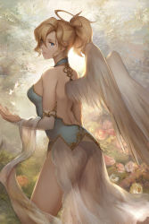 Rule 34 | 1girl, alternate costume, angel, angel wings, backless dress, backless outfit, bare shoulders, blonde hair, blue eyes, blurry, blurry background, detached sleeves, dress, eyelashes, fantasy, feathered wings, flower, from behind, halo, highres, mercy (overwatch), overwatch, overwatch 1, panties, parted lips, rose, see-through, shawl, short ponytail, side slit, solo, standing, stella chen yui, sunlight, underwear, wings