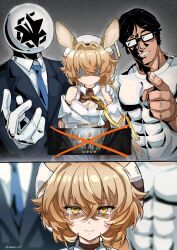 Rule 34 | 1boy, 1girl, 1other, animal ears, arknights, bare shoulders, black hair, blonde hair, blue necktie, breasts, cleavage, cleavage cutout, closed mouth, clothing cutout, collared shirt, comic, covered abs, crying, crying with eyes open, dorothy (arknights), formal, glasses, grin, hand on another&#039;s shoulder, highres, long hair, lowlight kirilenko (character), medium breasts, mouse ears, necktie, opaque glasses, parted lips, pointing, pointing at viewer, shaded face, shirt, short hair, silent comic, sleepyowl (jobkung15), smile, suit, tears, white headwear, white shirt, yostar