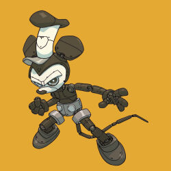 Rule 34 | 1920s (style), 1boy, animal ears, commentary, english commentary, greyscale, greyscale with colored background, hat, highres, jake parker, male focus, mickey mouse, monochrome, mouse boy, mouse ears, mouse tail, non-humanoid robot, parody, robot, simple background, solo, steamboat willie, tail, white hat, yellow background