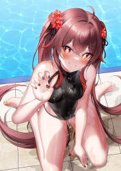 Rule 34 | 1girl, bare shoulders, black one-piece swimsuit, blush, breasts, brown hair, covered navel, flower, genshin impact, grin, hair flower, hair ornament, highres, hu tao (genshin impact), long hair, looking at viewer, one-piece swimsuit, pool, poolside, red eyes, shirosaba, sitting, small breasts, smile, solo, swimsuit, symbol-shaped pupils, thighs, twintails, very long hair, wariza, wet