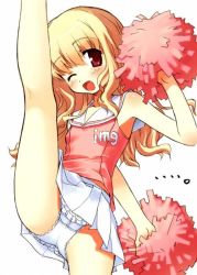 Rule 34 | 1girl, aoi kumiko, blonde hair, blouse, blush, character request, cheerleader, clothes writing, flat chest, flexible, frilled panties, frills, futaba channel, high kick, kicking, lace, lace-trimmed panties, lace trim, leg lift, long hair, miniskirt, one eye closed, open mouth, panties, pantyshot, pleated skirt, pom pom (cheerleading), red eyes, shirt, simple background, skirt, sleeveless, solo, standing, underwear, upskirt, white background, white panties, wink