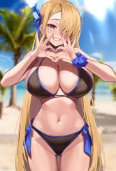 Rule 34 | 1girl, absurdres, alternate costume, asuna (blue archive), bare shoulders, bikini, black bikini, blonde hair, blue archive, blue eyes, blue ribbon, blurry, blurry background, blush, breasts, cleavage, gluteal fold, grin, hair over one eye, hair ribbon, halo, heart, heart hands, highres, large breasts, long hair, looking at viewer, mole, mole on breast, navel, revision, ribbon, rinhee, side-tie bikini bottom, smile, solo, stomach, sunlight, swimsuit, thighs, tree, very long hair, water