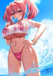 Rule 34 | 1girl, absurdres, azur lane, bikini, bikini under clothes, blue sky, blush, bracelet, breasts, bremerton (azur lane), cleavage, cloud, crop top, day, ear piercing, eating, food, front-tie bikini top, front-tie top, gluteal fold, highleg, highleg bikini, highres, holding, holding food, huge breasts, jewelry, kohanayuki, large breasts, long hair, looking at viewer, mole, mole on breast, mole under eye, multicolored hair, nail polish, navel, navel piercing, outdoors, piercing, pink bikini, pink eyes, pink hair, pink nails, pink ribbon, popsicle, ribbon, see-through, shirt, short sleeves, sidelocks, signature, skindentation, sky, solo, stomach, strap gap, streaked hair, swimsuit, thighs, twintails, two-tone hair, underboob, water, wet, wet clothes, wet shirt, white shirt
