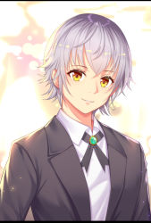 Rule 34 | 1boy, absurdres, black jacket, black ribbon, ciid, collared shirt, formal, highres, isana yashiro, jacket, k-project, looking at viewer, male focus, neck ribbon, open clothes, open jacket, parted lips, ribbon, shirt, silver hair, smile, solo, upper body, white shirt, wing collar, yellow eyes