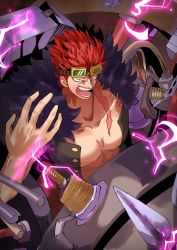 Rule 34 | 1boy, abs, angry, artist request, coat, devil fruit, electricity, eustass kid, eyewear on head, fur coat, highres, looking at viewer, machinery, mechanical arms, muscular, one piece, open clothes, open mouth, pectorals, red hair, scar, scar across eye, scar on face, single mechanical arm, solo
