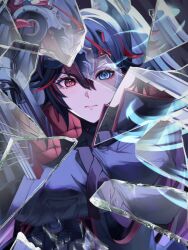 Rule 34 | 1girl, app filter, black hair, black jacket, blue eyes, broken glass, commentary request, glass, hair ornament, heterochromia, highres, holding, holding sword, holding weapon, jacket, long hair, long sleeves, lucia: plume (punishing: gray raven), lucia (punishing: gray raven), mechanical arms, multicolored hair, parted bangs, punishing: gray raven, red eyes, red hair, sidelocks, single mechanical arm, solo, streaked hair, sword, toi pngr, twintails, weapon