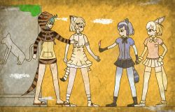 Rule 34 | 10s, 4girls, animal ears, aqua hair, bare shoulders, belt, black bow, black eyes, black footwear, black gloves, black hair, black legwear, black skirt, blonde hair, blue shirt, bow, bowtie, breast pocket, brown hair, cat ears, cat tail, clenched hand, closed mouth, commentary request, common raccoon (kemono friends), crack, egyptian art, elbow gloves, feathers, fennec (kemono friends), fox ears, fox tail, from side, full body, fur collar, fur trim, geta, gloves, grey hair, hand on own hip, high-waist skirt, highres, holding, holding feather, hood, hoodie, kemono friends, kita (7kita), legs apart, long sleeves, moss, multicolored hair, multicolored ribbon, multiple girls, pink sweater, pleated skirt, pocket, profile, puffy short sleeves, puffy sleeves, raccoon ears, raccoon tail, red eyes, ribbon, sand cat (kemono friends), shirt, shoes, short hair, short sleeves, skirt, sleeveless, sleeveless shirt, standing, statue, striped tail, sweater, tail, tengu-geta, thighhighs, tsuchinoko (kemono friends), white footwear, white hair, white shirt, yellow background, yellow bow, yellow gloves, yellow skirt