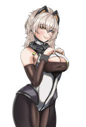 Rule 34 | 1girl, absurdres, alternate costume, animal ears, blue eyes, breasts, cleavage, closed mouth, fake animal ears, feet out of frame, girls&#039; frontline, girls&#039; frontline 2: exilium, hands on own breasts, heterochromia, highres, kepra iii, long hair, looking at viewer, medium breasts, peritya (girls&#039; frontline 2), platinum blonde hair, smile, solo, standing, white background, yellow eyes