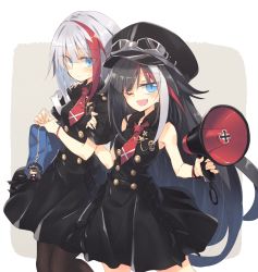 Rule 34 | 2girls, admiral graf spee (azur lane), admiral graf spee (girl&#039;s sunday) (azur lane), alternate costume, azur lane, bag, bare shoulders, black hair, black legwear, black skirt, blue eyes, blush, buttons, character doll, commentary, cross, deutschland (azur lane), double-breasted, embarrassed, fangs, goggles, goggles on headwear, hat, holding, holding another&#039;s arm, holding megaphone, iron cross, long hair, looking at viewer, megaphone, military hat, multicolored hair, multiple girls, necktie, neckwear request, one eye closed, pantyhose, red neckwear, satou kibi, school bag, school uniform, short hair, short sleeves, siblings, sisters, skirt, sleeveless, slit pupils, streaked hair, sweatdrop, very long hair, white hair, wristband