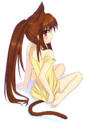 Rule 34 | animal ears, barefoot, blush, bottomless, brown hair, camisole, cat ears, cat tail, feet, fuyuichi, little busters!, long hair, natsume rin, ponytail, red eyes, solo, tail, very long hair