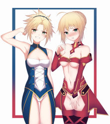 Rule 34 | 2girls, absurdres, adapted costume, ahoge, arm up, armor, armpits, artoria pendragon (all), artoria pendragon (fate), bad id, bad pixiv id, bandeau, bare arms, bare shoulders, blonde hair, blue dress, blue scrunchie, blush, braid, breasts, cameltoe, cleavage, collarbone, commentary request, cosplay, costume switch, covering privates, covering crotch, detached collar, detached sleeves, dress, embarrassed, fate/grand order, fate/stay night, fate (series), faulds, framed, french braid, green eyes, grin, groin, hair between eyes, hair bun, hair ornament, hair scrunchie, hand up, head tilt, highres, legs together, long sleeves, looking at viewer, mordred (fate), mordred (fate/apocrypha), mother and daughter, multiple girls, navel, no panties, nose blush, panties, parted bangs, parted lips, ponytail, red bandeau, red legwear, saber (fate), scrunchie, short hair, short ponytail, sidelocks, simple background, single hair bun, sleeveless, sleeveless dress, small breasts, smile, standing, stomach, thigh gap, thighhighs, tsurime, underboob, underwear, v-shaped eyebrows, white background, white panties, wing228