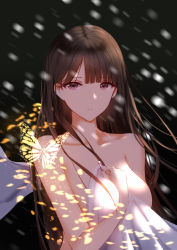 Rule 34 | 1girl, absurdres, an yasuri, black background, blurry, breasts, brown eyes, brown hair, bug, butterfly, closed mouth, collarbone, hand up, highres, holding, holding towel, insect, large breasts, light particles, long hair, looking at viewer, motion blur, nude, original, petals, simple background, solo, towel, upper body, very long hair