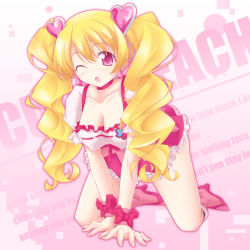 Rule 34 | 00s, 1girl, ;o, all fours, blonde hair, boots, bow, breasts, character name, choker, cleavage, covered erect nipples, cure peach, curly hair, earrings, fresh precure!, full body, hair ornament, hanging breasts, heart, heart hair ornament, jewelry, kikuchi tsutomu, knee boots, large breasts, long hair, magical girl, momozono love, one eye closed, pink background, pink bow, pink eyes, pink footwear, precure, shiny skin, shirt, skirt, solo, taut clothes, taut shirt, text background, text focus, twintails, wink, wrist cuffs