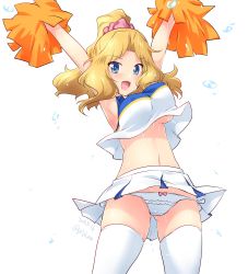 Rule 34 | 1girl, :d, absurdres, alternate hairstyle, arms up, blonde hair, blue eyes, blush, bouncing breasts, bow, bow panties, breasts, cameltoe, cheerleader, commentary, cowboy shot, crotch seam, dated, girls und panzer, gluteal fold, hair intakes, hair ornament, hair scrunchie, hair up, highres, holding, holding pom poms, kay (girls und panzer), kuzuryuu kennosuke, large breasts, long hair, looking at viewer, midriff, miniskirt, navel, no bra, one-hour drawing challenge, open mouth, panties, pink scrunchie, pleated skirt, pom pom (cheerleading), pom poms, scrunchie, shirt, side-tie panties, simple background, skindentation, skirt, sleeveless, sleeveless shirt, smile, solo, standing, sweat, thighhighs, thighs, twitter username, underboob, underwear, water drop, white background, white panties, white shirt, white skirt, white thighhighs