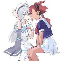 Rule 34 | 2girls, arm up, black hairband, blue shirt, closed eyes, closed mouth, contemporary, dark-skinned female, dark skin, dress, food, food on face, forehead-to-forehead, grey dress, grey eyes, gundam, gundam suisei no majo, hairband, heads together, highres, holding, holding food, holding ice cream, ice cream, ice cream cone, knightym22, long hair, miorine rembran, multiple girls, neckerchief, parted lips, pleated skirt, red hair, red neckerchief, sailor collar, school uniform, serafuku, shirt, short sleeves, simple background, sitting, skirt, smile, suletta mercury, two-tone dress, white background, white dress, white hair, white sailor collar, white skirt, yuri