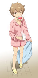 Rule 34 | 1girl, animal slippers, bottomless, bread slice, brown eyes, brown hair, cup, female focus, food, food in mouth, full body, long image, mattaku mousuke, mouth hold, mug, one eye closed, original, pajamas, pillow, short hair, sleepy, slippers, solo, tall image, toast, toast in mouth, white background, wink