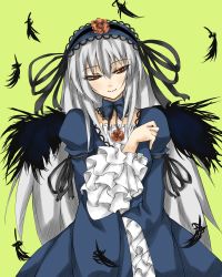 Rule 34 | 00s, 1girl, black dress, black wings, brooch, dress, feathers, frilled sleeves, frills, gem, hairband, jewelry, lolita hairband, long hair, long sleeves, looking at viewer, pink eyes, rozen maiden, shingetsu takehito, silver hair, simple background, solo, suigintou, very long hair, wings, yellow background