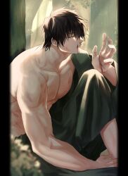 Rule 34 | 1boy, absurdres, black hair, blurry, depth of field, forest, fushiguro touji, green robe, highres, jujutsu kaisen, light, light particles, male focus, muscular, muscular male, nature, pectorals, robe, scar, scar on face, scar on hand, scar on mouth, short hair, solo, topless male, tree, tune oekk